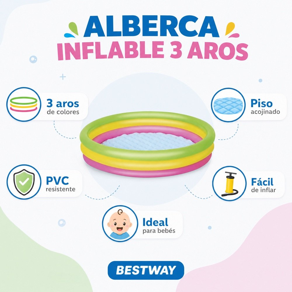 Alberca 3 Aros Colores 114cm Bestway — beneficios