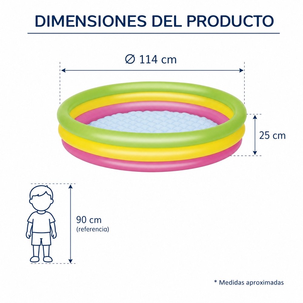 Alberca 3 Aros Colores 114cm Bestway — dimensiones
