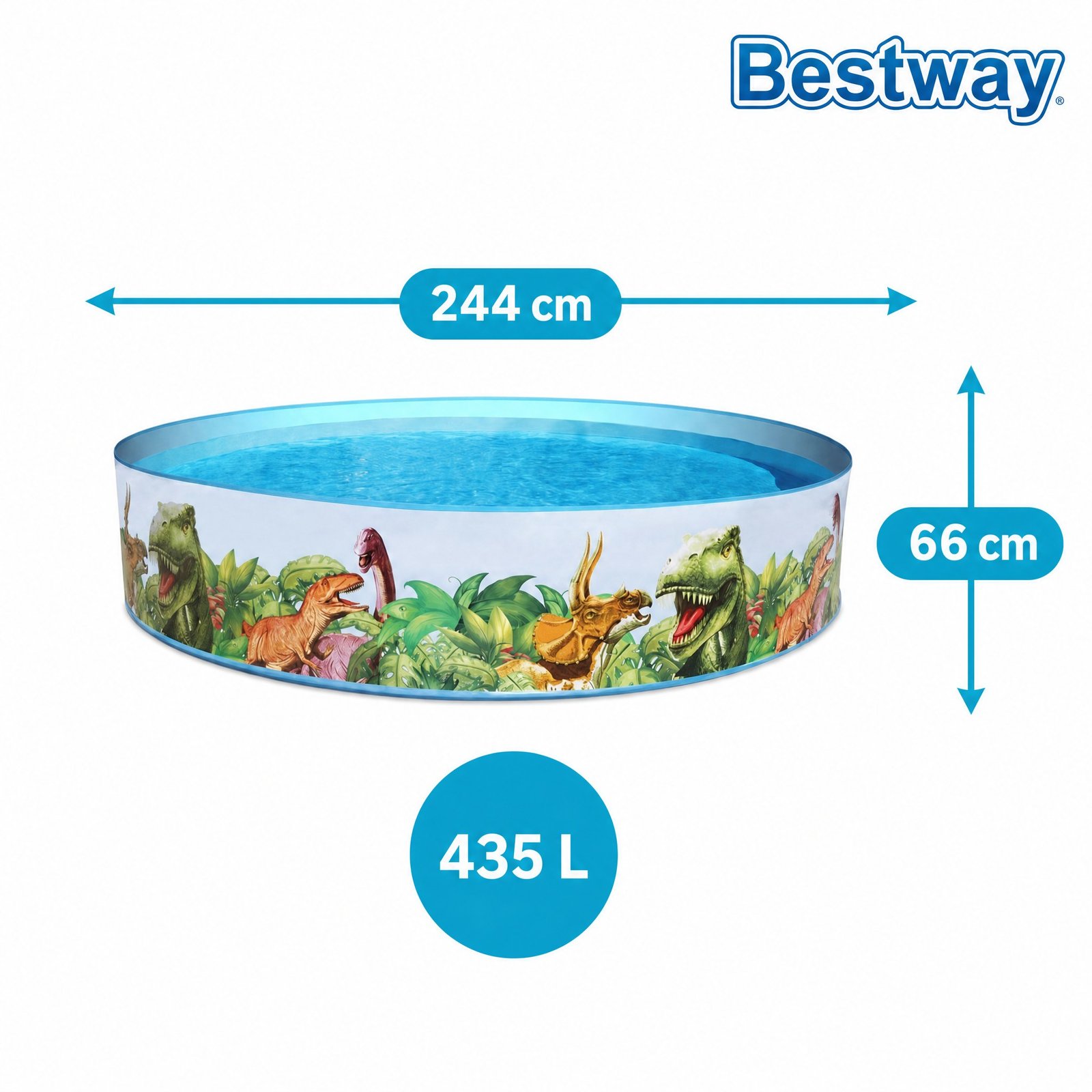 Alberca Rígida Dinosaurios 435L Bestway — dimensiones